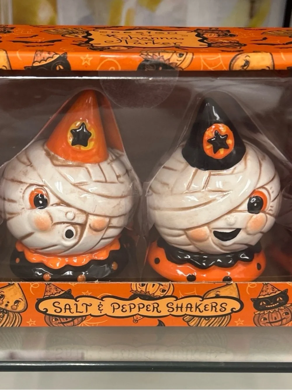 NWT Johanna Parker Halloween Mummy Salt & Pepper Shakers Orange & Black